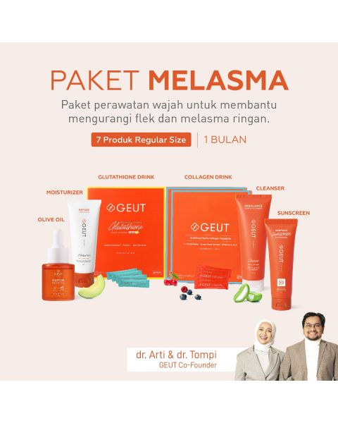 GEUT MELASMA Set 7pcs (Cleanser 100ml + Moisturizer 50g + Sunscreen 75g + Olive Oil 20ml + 2 box Collagen 14sachet + 1 box Liposomal Glutathione 30sachet)