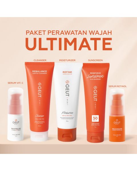 GEUT KISS Ultimate Set 5pcs (Paket Wajah Kulit Indah Sehat Seimbang, Cleanser + Moisturizer + Sunscreen + Serum Anti Aging)