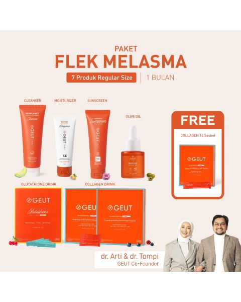 GEUT FLEK MELASMA Set 7pcs (Cleanser 100ml + Moisturizer 50g + Sunscreen 75g + Olive Oil 20ml + 2 box Collagen 14sachet + 1 box Liposomal Glutathione 30sachet)