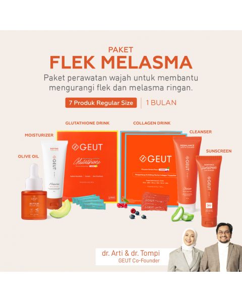 GEUT FLEK MELASMA Set 7pcs (Cleanser 100ml + Moisturizer 50g + Sunscreen 75g + Olive Oil 20ml + 2 box Collagen 14sachet + 1 box Liposomal Glutathione 30sachet)