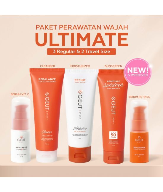 GEUT KISS Ultimate Set 5pcs (Paket Wajah Kulit Indah Sehat Seimbang, Cleanser + Moisturizer + Sunscreen + Serum Anti Aging 10ml)