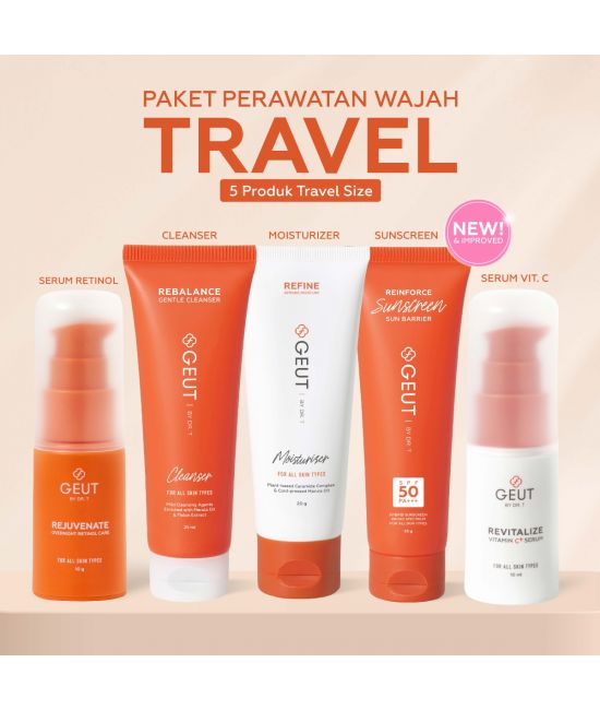 GEUT KISS Travel Set 5pcs (Paket Wajah Kulit Indah Sehat Seimbang Ukuran Travel, Cleanser + Moisturizer + Sunscreen + Serum Anti Aging)