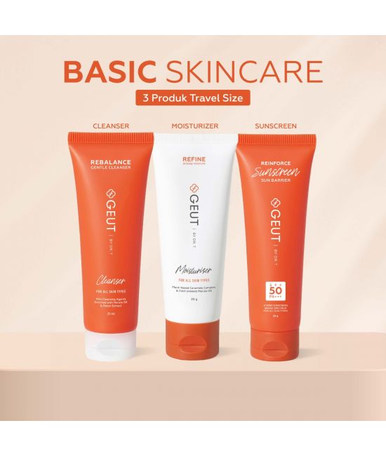 GEUT BASIC Travel Set 3pcs (Paket Wajah Basic Ukuran Travel, Cleanser 25ml + Moisturizer 20gr + Sunscreen 25gr)