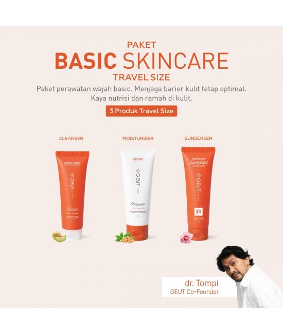 GEUT BASIC Travel Set 3pcs (Paket Wajah Basic Ukuran Travel, Cleanser 25ml + Moisturizer 20gr + Sunscreen 25gr)