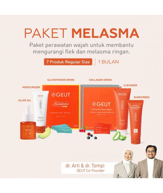GEUT MELASMA Set 7pcs (Cleanser 100ml + Moisturizer 50g + Sunscreen 75g + Olive Oil 20ml + 2 box Collagen 14sachet + 1 box Liposomal Glutathione 30sachet)