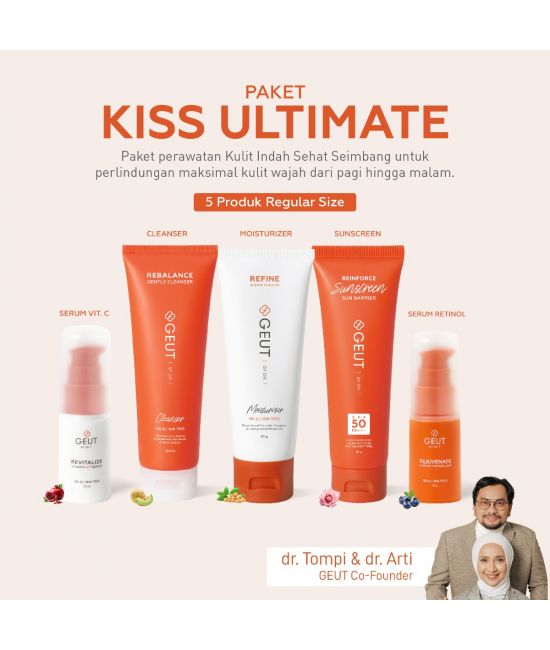 GEUT KISS Ultimate Set 5pcs (Paket Wajah Kulit Indah Sehat Seimbang, Cleanser + Moisturizer + Sunscreen + Serum Anti Aging)