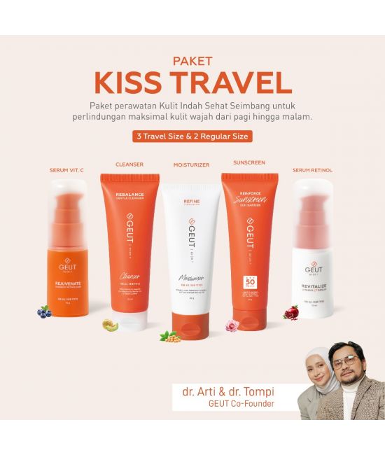 GEUT KISS Travel Set 5pcs (Paket Wajah Kulit Indah Sehat Seimbang Ukuran Travel, Cleanser + Moisturizer + Sunscreen + Serum Anti Aging)