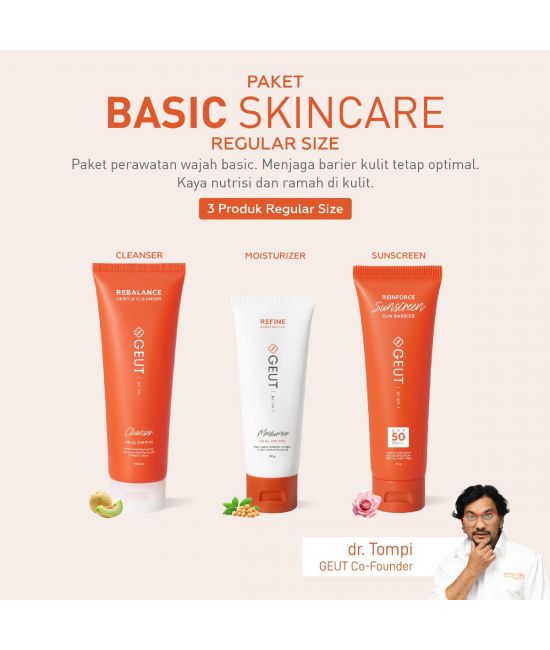 GEUT BASIC Regular Set 3pcs (Paket Wajah Basic Ukuran Regular, Cleanser 100ml + Moisturizer 50gr + Sunscreen 75gr)