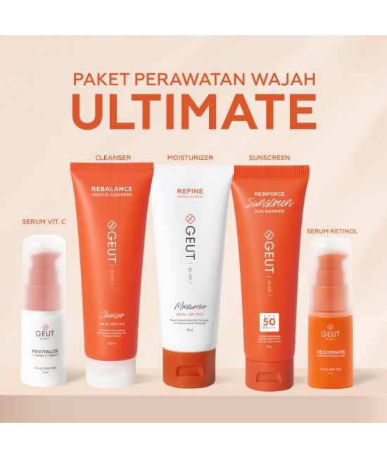 GEUT KISS Ultimate Set 5pcs (Paket Wajah Kulit Indah Sehat Seimbang, Cleanser + Moisturizer + Sunscreen + Serum Anti Aging)