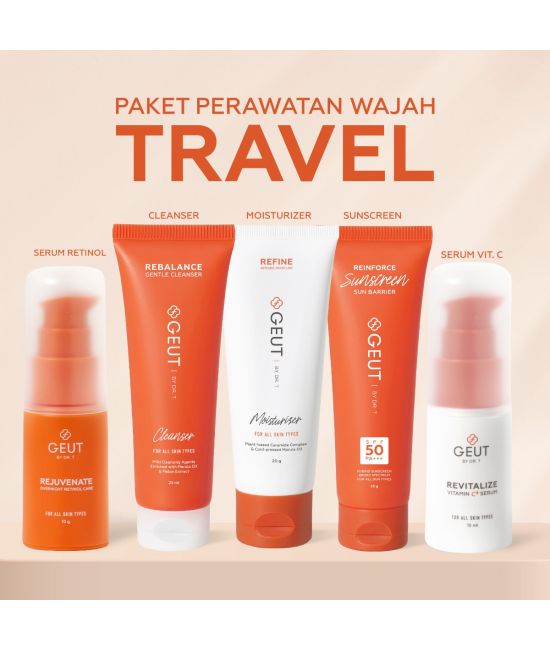 GEUT KISS Travel Set 5pcs (Paket Wajah Kulit Indah Sehat Seimbang Ukuran Travel, Cleanser + Moisturizer + Sunscreen + Serum Anti Aging)