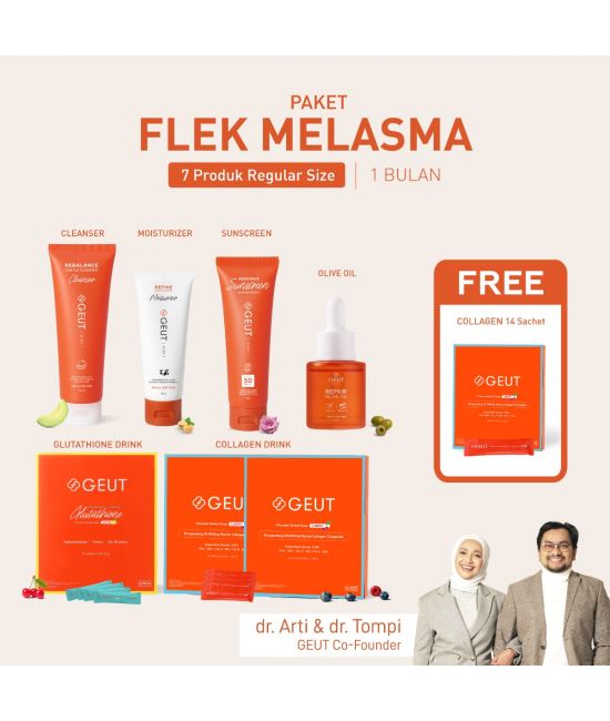 GEUT FLEK MELASMA Set 7pcs (Cleanser 100ml + Moisturizer 50g + Sunscreen 75g + Olive Oil 20ml + 2 box Collagen 14sachet + 1 box Liposomal Glutathione 30sachet)