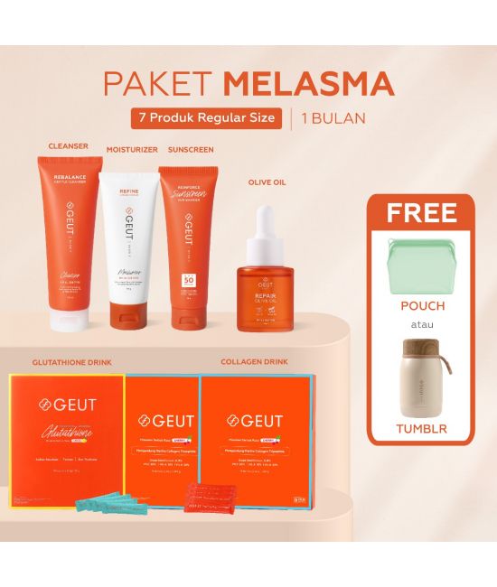 GEUT MELASMA Set 7pcs (Cleanser 100ml + Moisturizer 50g + Sunscreen 75g + Olive Oil 20ml + 2 box Collagen 14sachet + 1 box Liposomal Glutathione 30sachet)