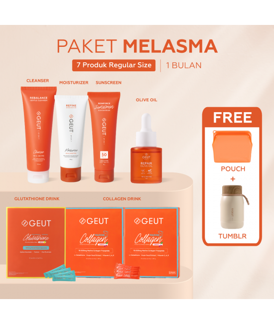 GEUT MELASMA Set 7pcs (Cleanser 100ml + Moisturizer 50g + Sunscreen 75g + Olive Oil 20ml + 2 box Collagen 14sachet + 1 box Liposomal Glutathione 30sachet)