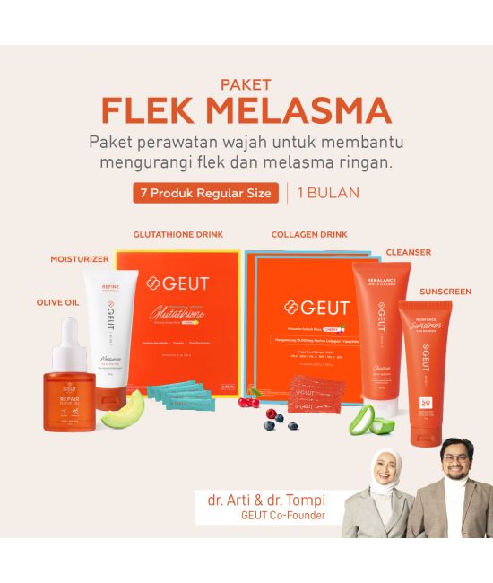 GEUT FLEK MELASMA Set 7pcs (Cleanser 100ml + Moisturizer 50g + Sunscreen 75g + Olive Oil 20ml + 2 box Collagen 14sachet + 1 box Liposomal Glutathione 30sachet)