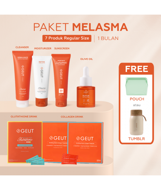 GEUT MELASMA Set 7pcs (Cleanser 100ml + Moisturizer 50g + Sunscreen 75g + Olive Oil 20ml + 2 box Collagen 14sachet + 1 box Liposomal Glutathione 30sachet)