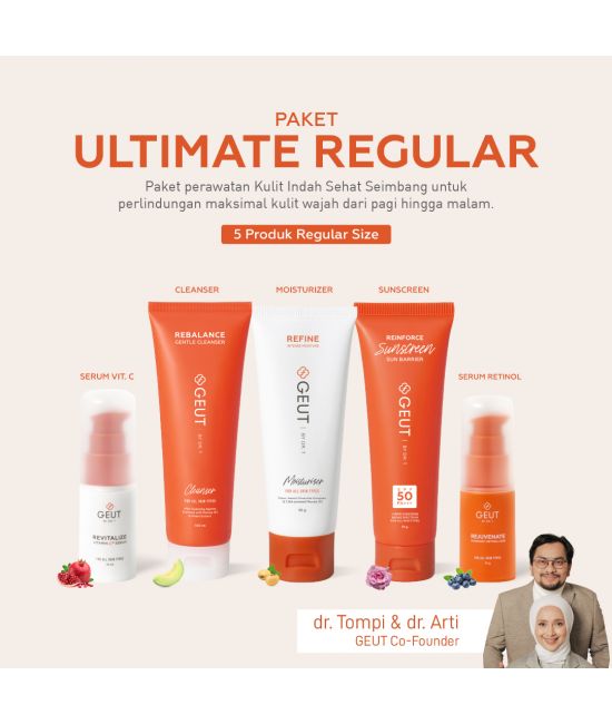 GEUT ULTIMATE Regular Set 5pcs (Paket Wajah Kulit Indah Sehat Seimbang, Cleanser + Moisturizer + Sunscreen + Serum Anti Aging)
