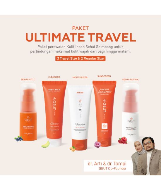 GEUT ULTIMATE Travel Set 5pcs (Paket Wajah Kulit Indah Sehat Seimbang Ukuran Travel, Cleanser + Moisturizer + Sunscreen + Serum Anti Aging)