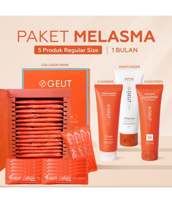 GEUT MELASMA Set 5pcs (Paket Melasma Untuk 1 Bulan, Cleanser 100ml + Moisturizer 50gr + Sunscreen 75gr + 2x Collagen 14pcs)