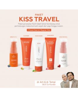 GEUT KISS Travel Set 5pcs (Paket Wajah Kulit Indah Sehat Seimbang Ukuran Travel, Cleanser + Moisturizer + Sunscreen + Serum Anti Aging)
