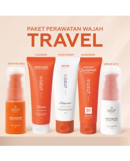 GEUT KISS Travel Set 5pcs (Paket Wajah Kulit Indah Sehat Seimbang Ukuran Travel, Cleanser + Moisturizer + Sunscreen + Serum Anti Aging)